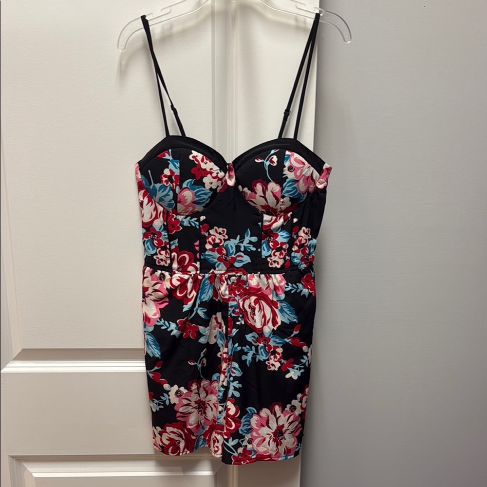 Floral Black Romper with Red and Blue Accents